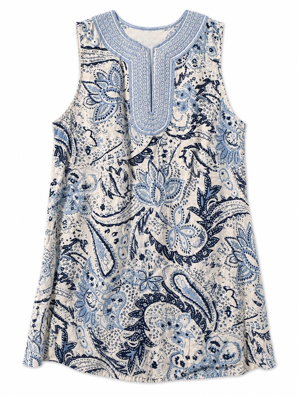 Carole Little Cream and Blue Paisley Embroidered Yoke Tank